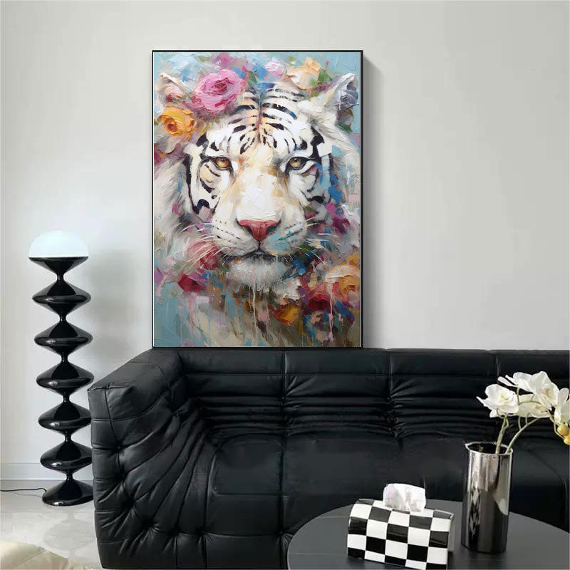Tiger In Flowers Canvas Oil Painting Original Impressionist Tiger Canvas Wall Art Modern Animal Oil Painting Living Room Decoration