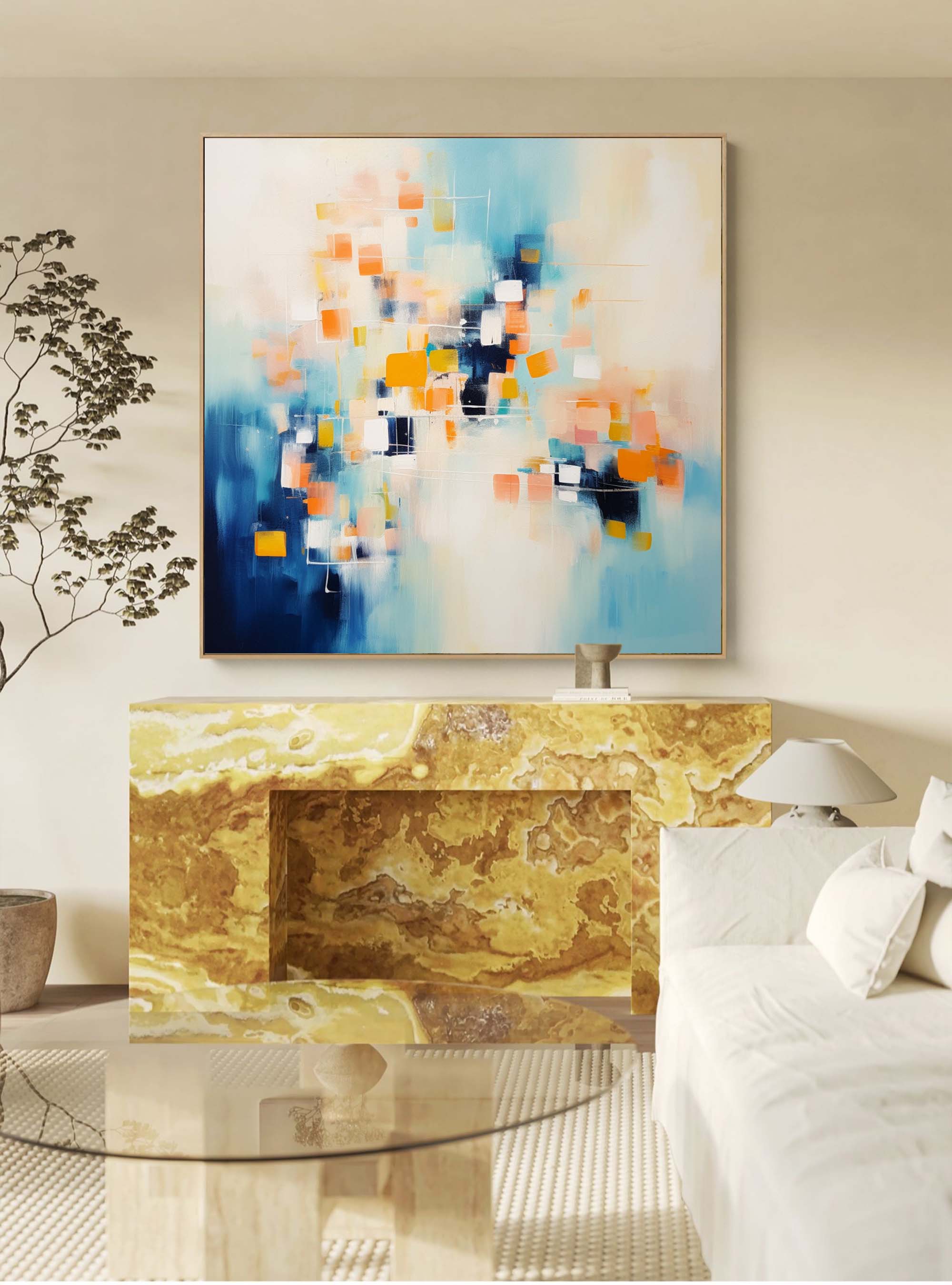 Modern Wall Art Original Abstract Oil Painting On Canvas Large Blue And Yellow Acrylic Painting Home Decor