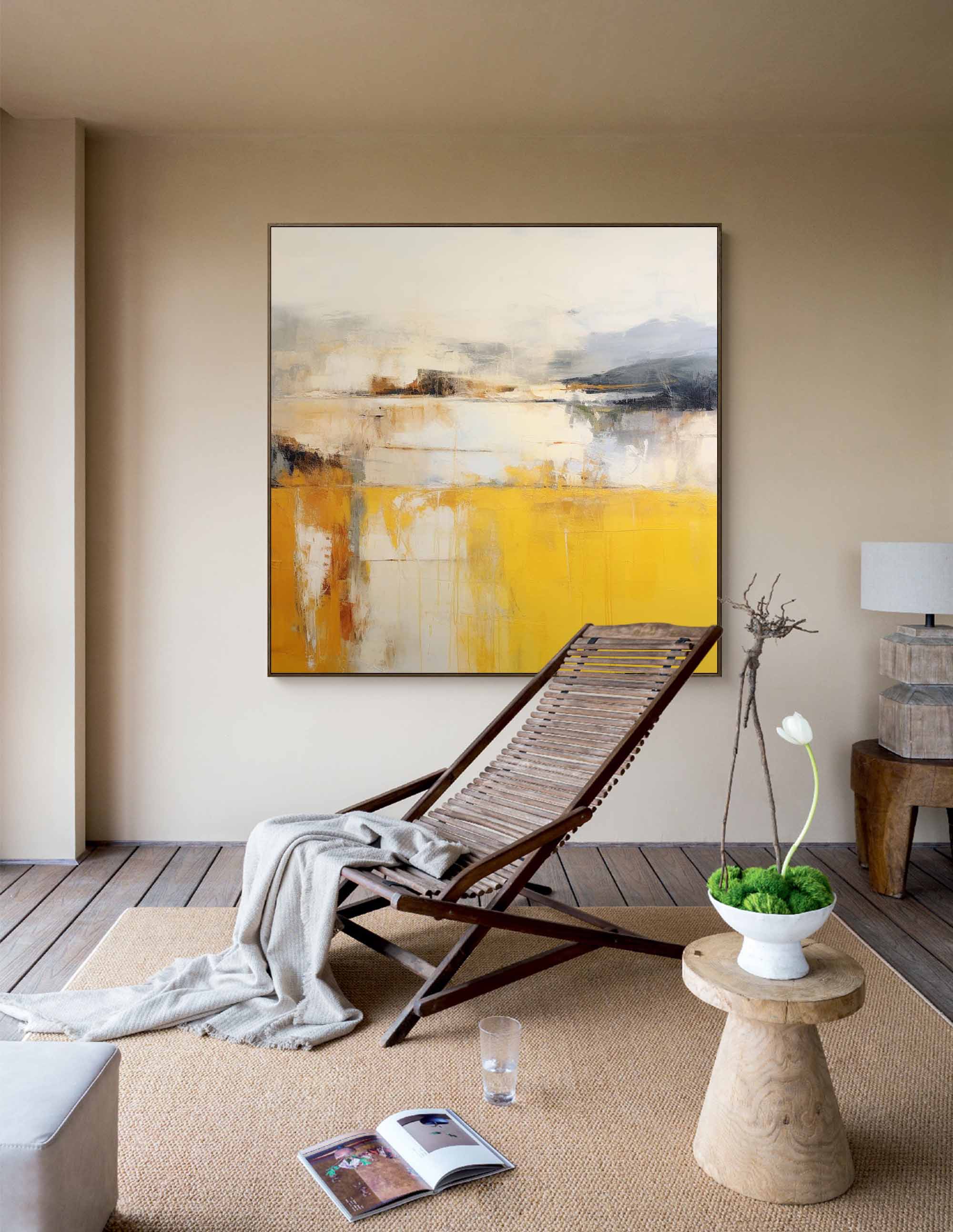 Abstract Oil Painting on Square Canvas Original Yellow Modern Acrylic Painting Large Wall Art Living Room