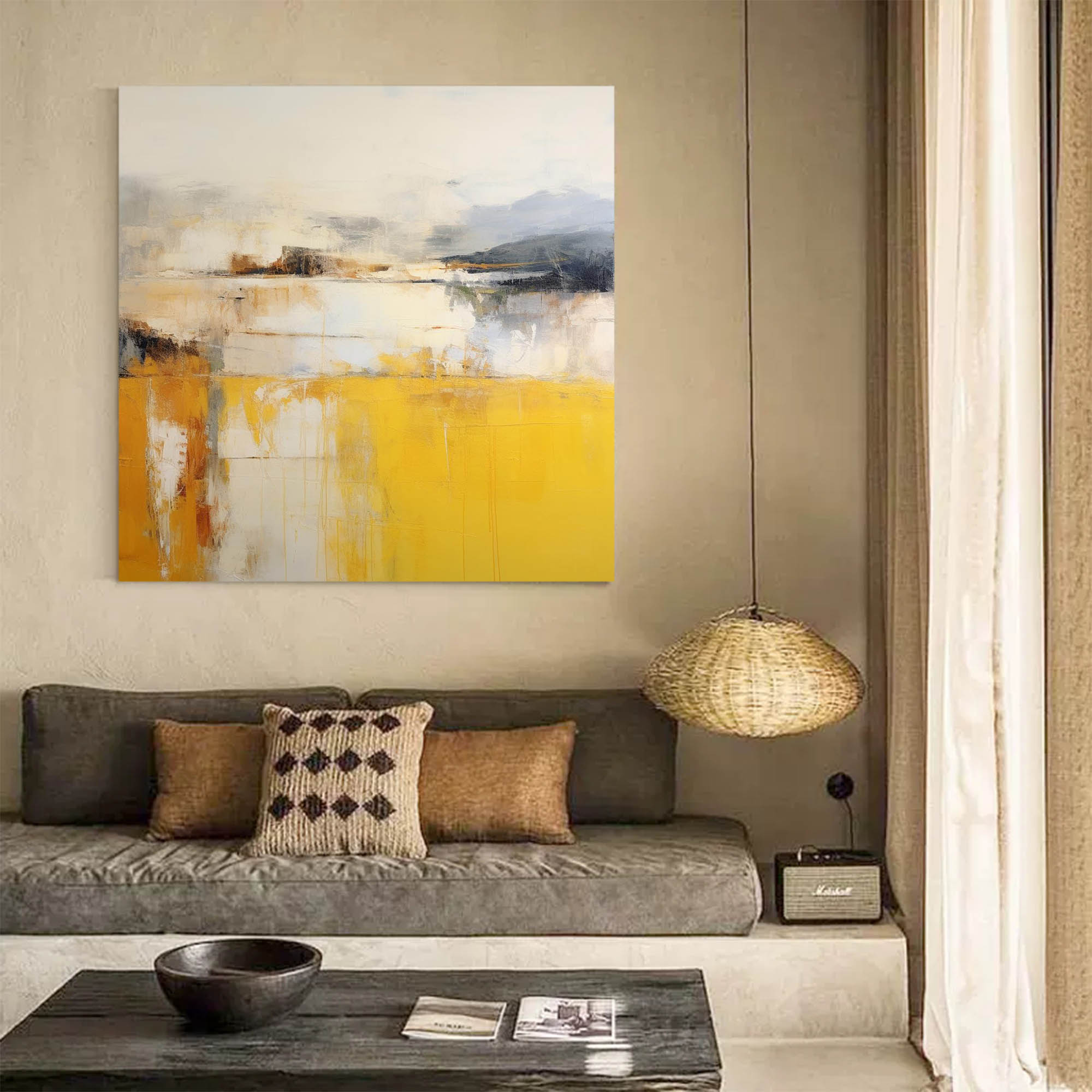 Abstract Oil Painting on Square Canvas Original Yellow Modern Acrylic Painting Large Wall Art Living Room