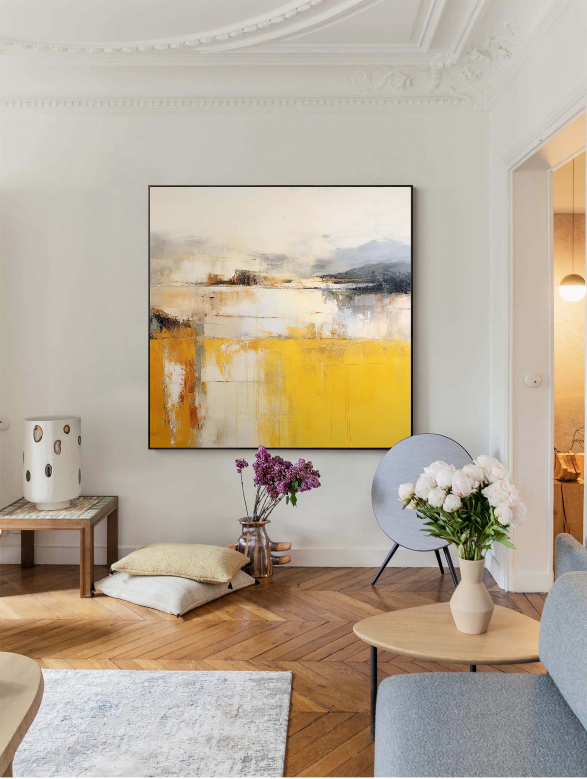 Abstract Oil Painting on Square Canvas Original Yellow Modern Acrylic Painting Large Wall Art Living Room