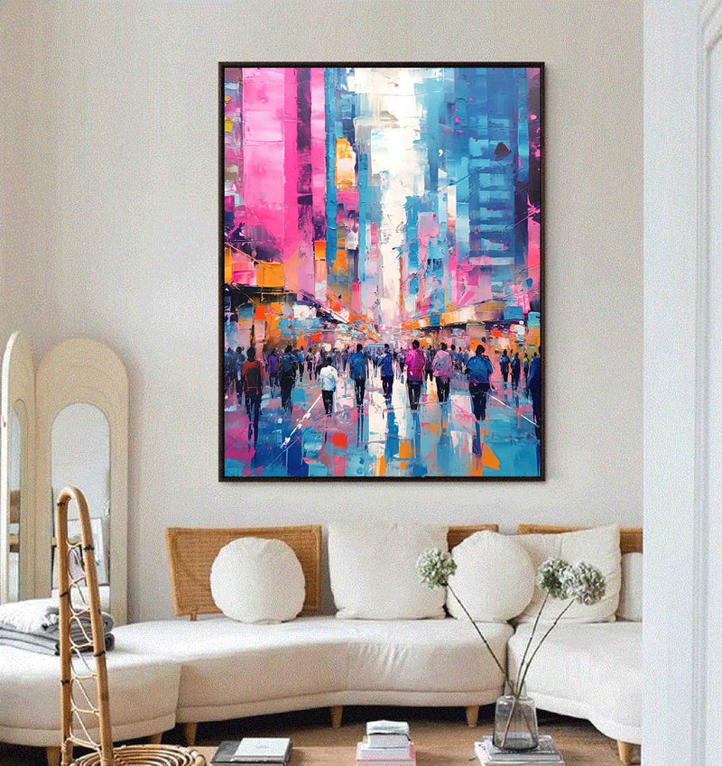 Abstract Urban Scene Art Original Modern Cityscape Oil Painting On Canvas Large Colorful Wall Art Living Room Decor