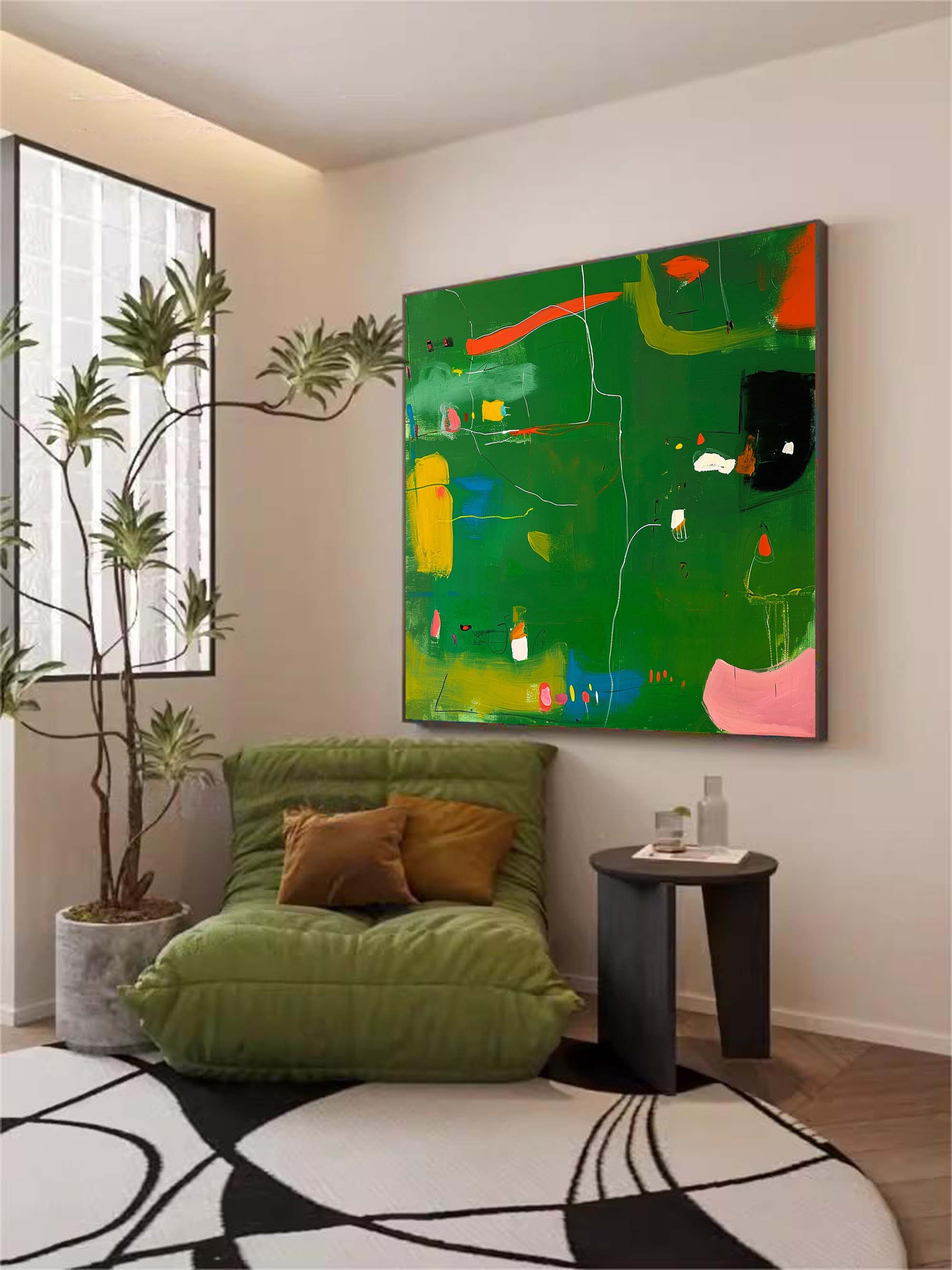 Square Abstract Texture Oil Painting Bright Green Large Acrylic Painting Canvas Original Modern Wall Art For Living Room