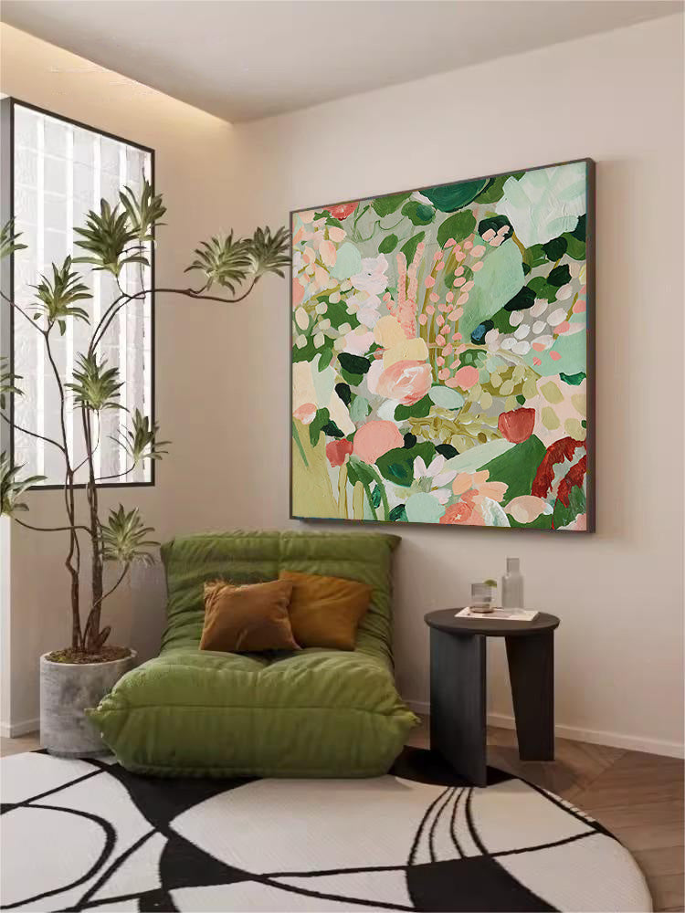 Original Bright Green Flower Wall Art Large Textured Floral Acrylic Painting Modern White Floral Oil Painting On Canvas For Living Room