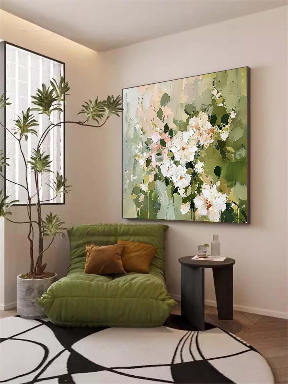 Square Original  Fresh White Flowers Painting Large Green Acrylic Painting Modern Floral Oil Painting On Canvas