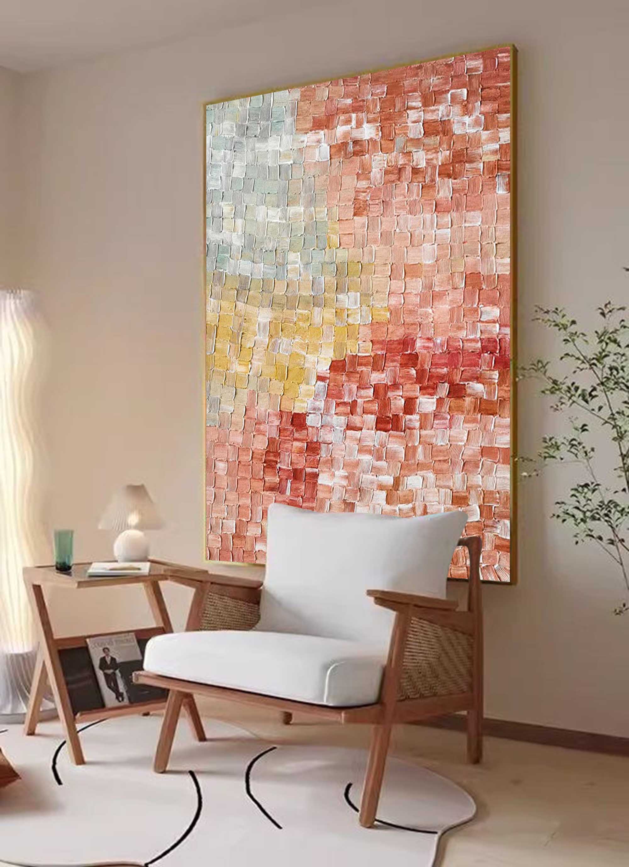 Abstract Red Textured Block Oil Painting on Canvas Large Original Modern Pink Acrylic Painting Colorful Wall Art Living Room Home Decor