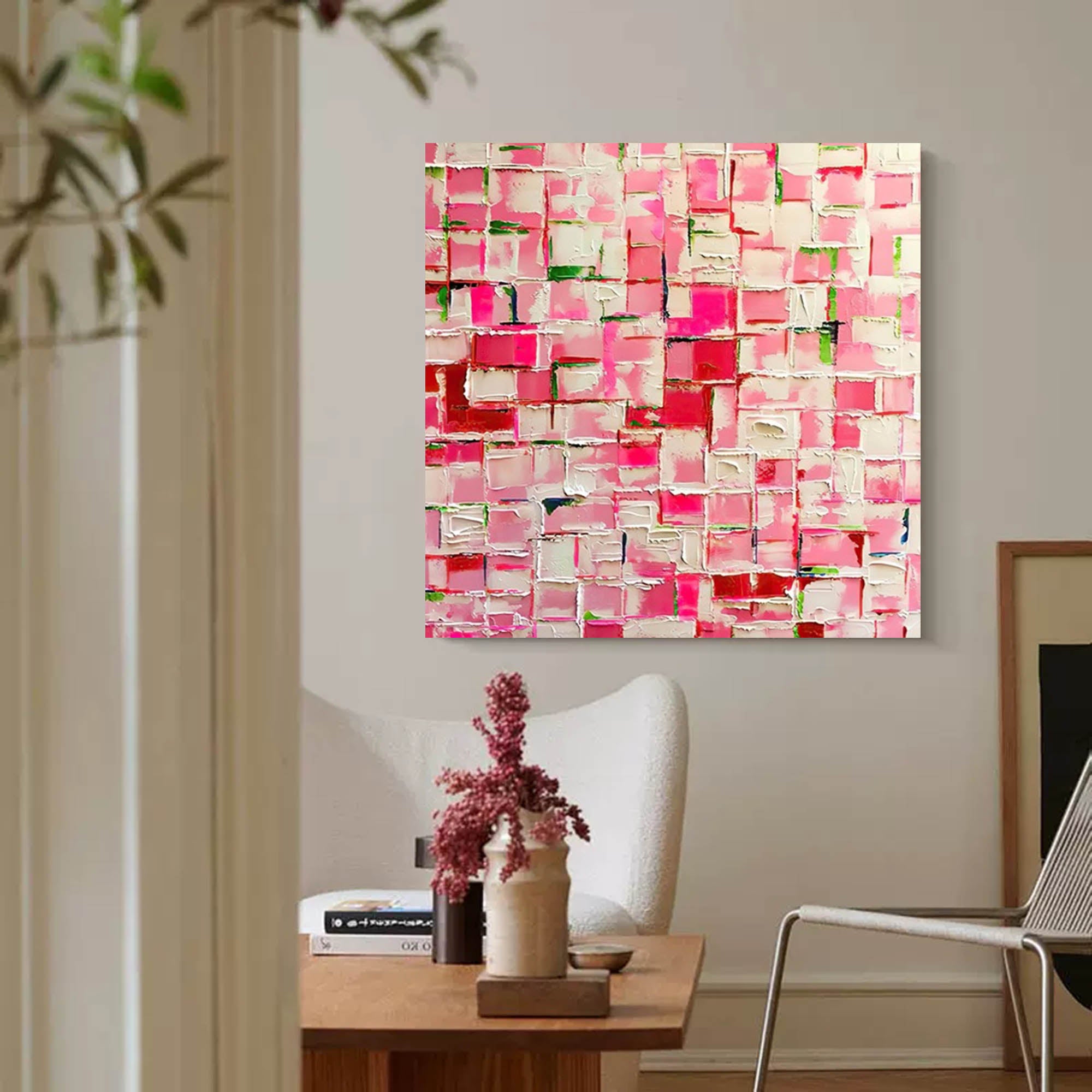 Square Pink Original Abstract Knife Oil Painting on Canvas Abstract Acrylic Painting Wall Art Pink Modern Art Home Decor