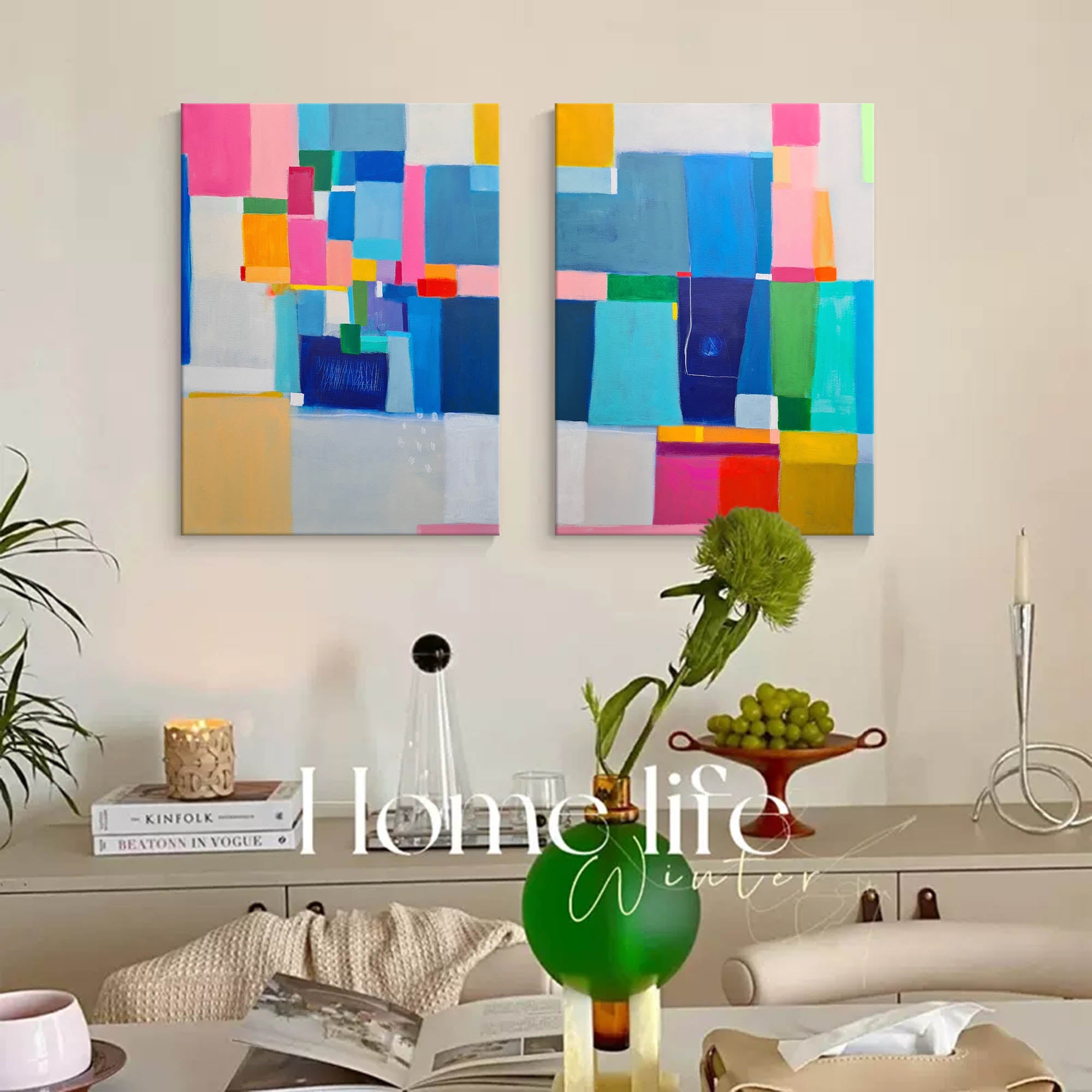 Set of 2 Minimalist Abstract Oil Paintings Contemporary Geometry Canvas Wall Art Home Decor