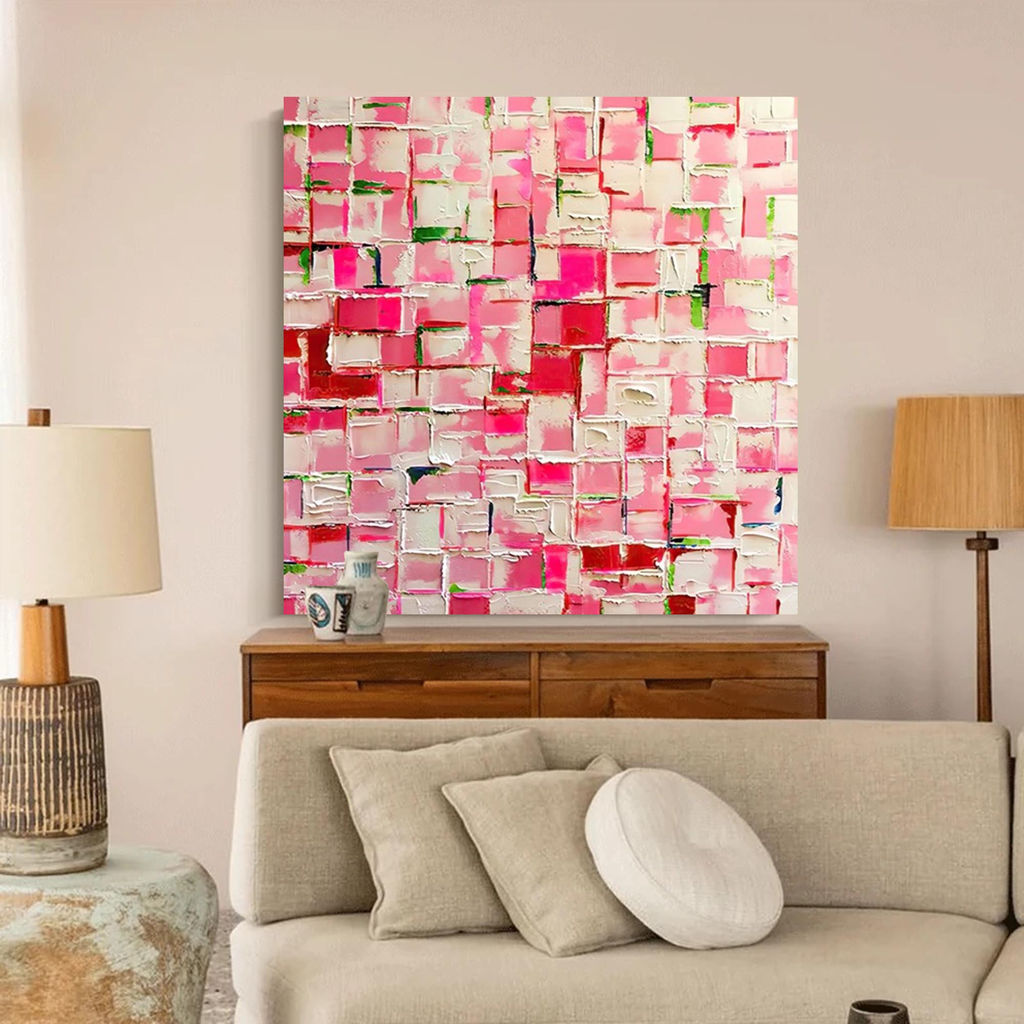 Square Pink Original Abstract Knife Oil Painting on Canvas Abstract Acrylic Painting Wall Art Pink Modern Art Home Decor