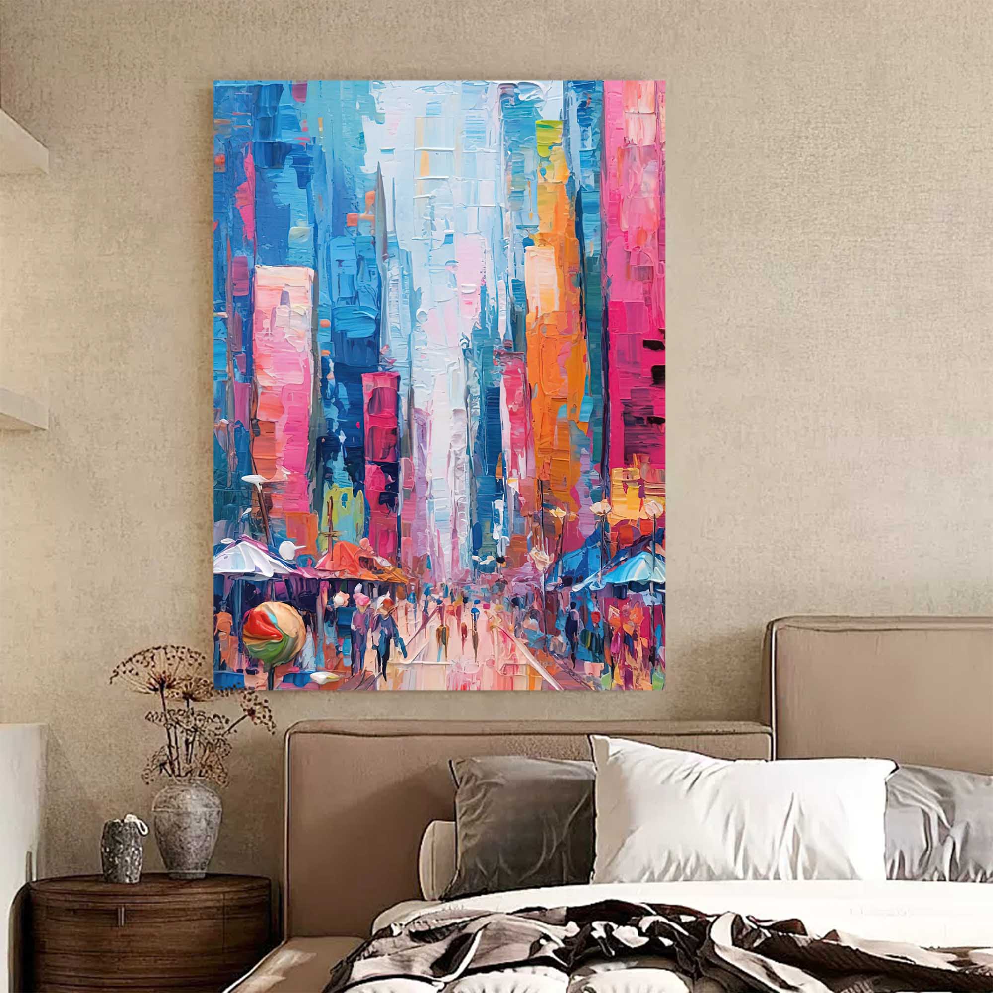 Modern Abstract Colorful Cityscape Oil Painting On Canvas Original Urban Scene Art Large Wall Art Home Decor