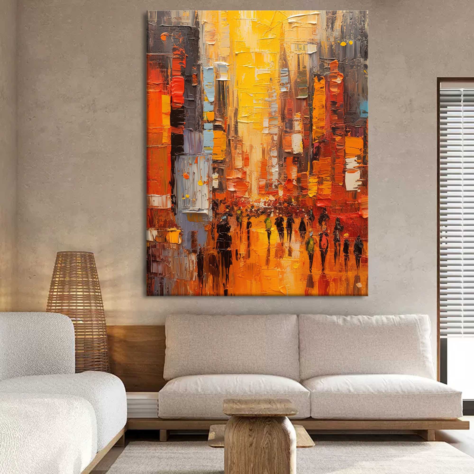 Original Modern Cityscape Oil Painting On Canvas Abstract Urban Scene Art Large Yellow Wall Art Home Decor