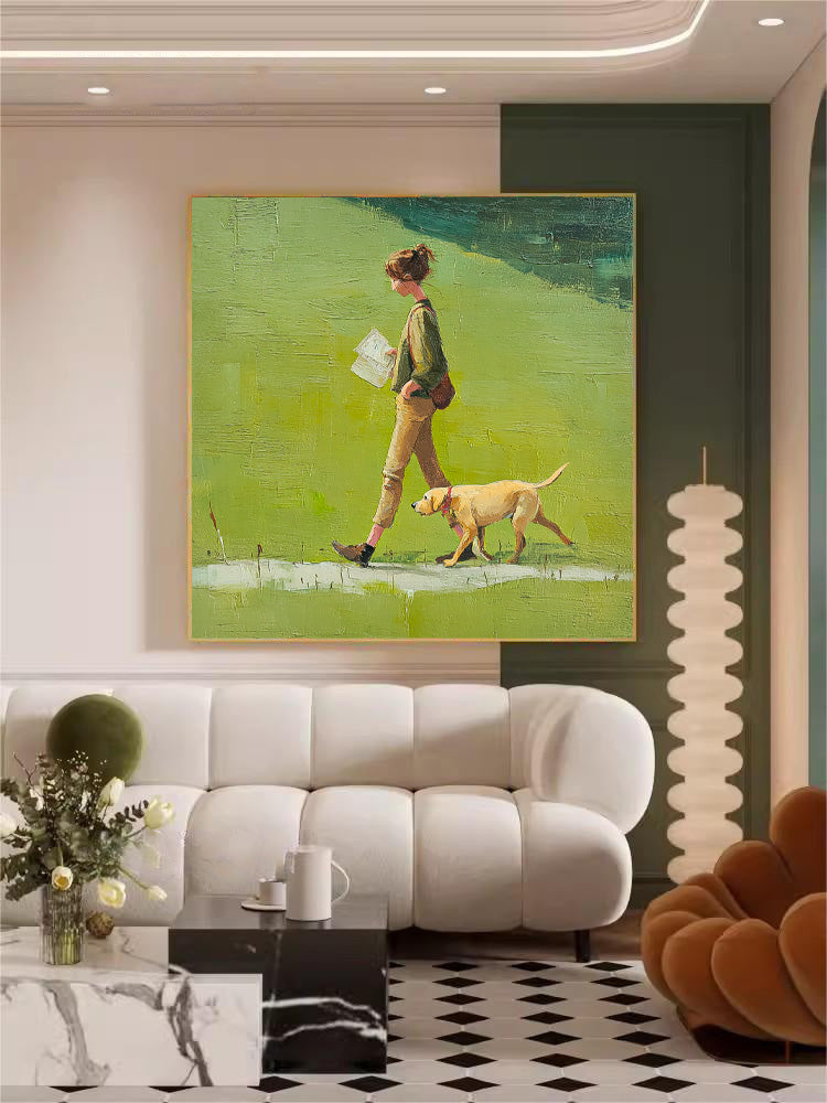 Minimalist Girl Walking The Dog Painting Abstract Warm And Peaceful atmosphere Landscape Green Grassland Wall Art