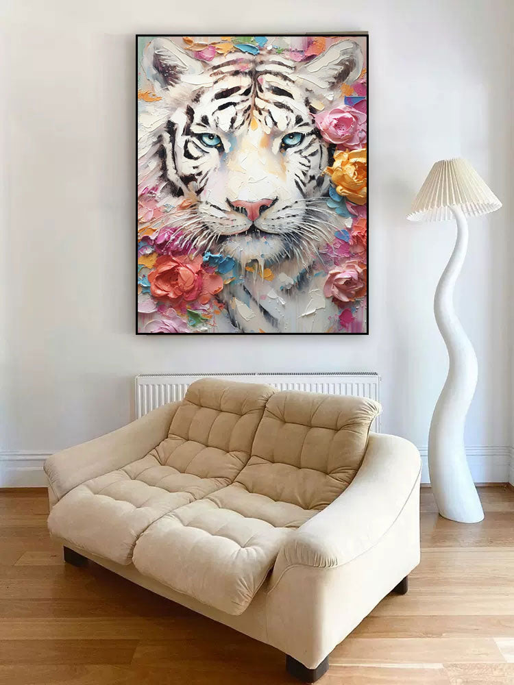 White Tiger Framed Oil Painting Impressionist Tiger Canvas Wall Art Modern Animal Oil Painting Living Room Decor