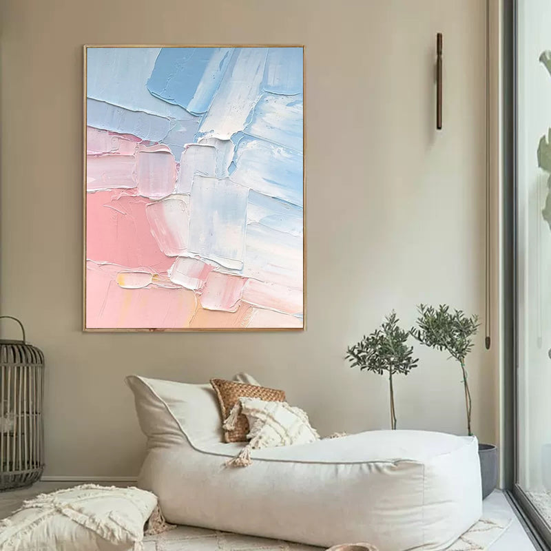 Large Minimalist Abstract Painting On Canvas Textured Blue Art Pink Acrylic Painting