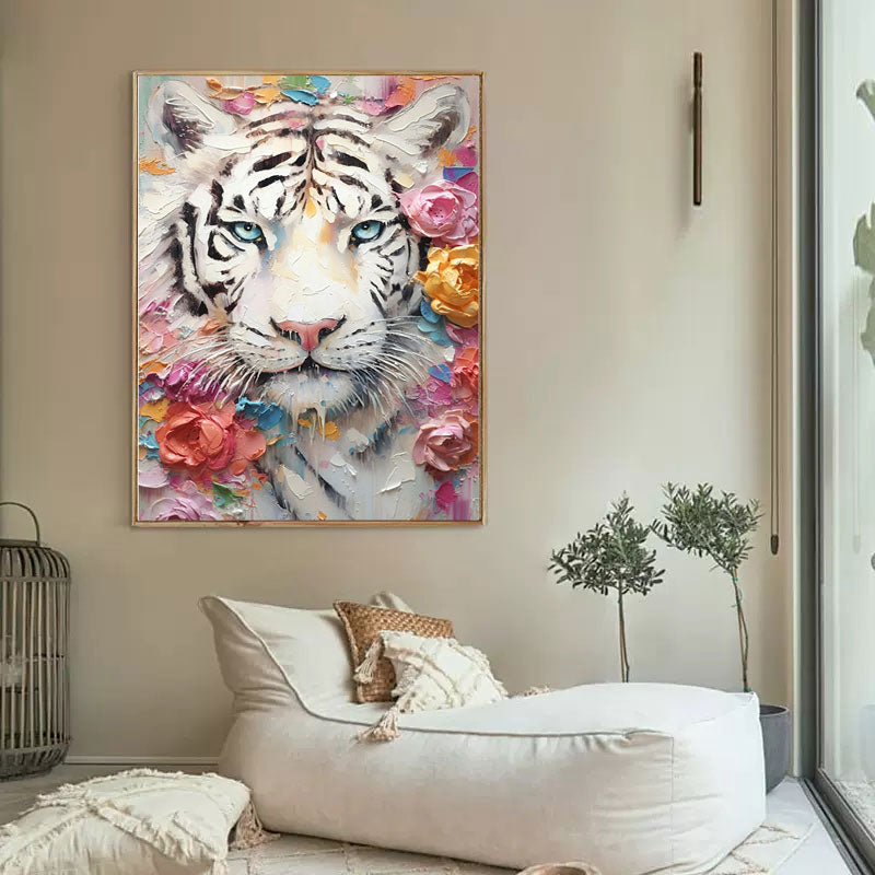 White Tiger Framed Oil Painting Impressionist Tiger Canvas Wall Art Modern Animal Oil Painting Living Room Decor