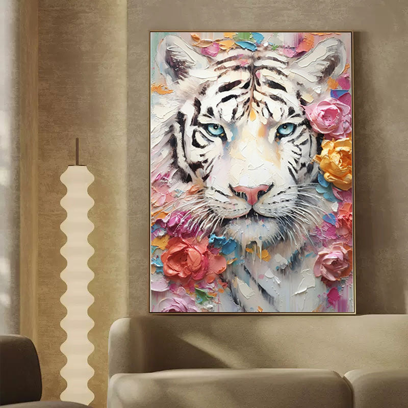 White Tiger Framed Oil Painting Impressionist Tiger Canvas Wall Art Modern Animal Oil Painting Living Room Decor