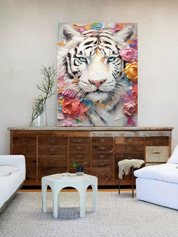 White Tiger Framed Oil Painting Impressionist Tiger Canvas Wall Art Modern Animal Oil Painting Living Room Decor