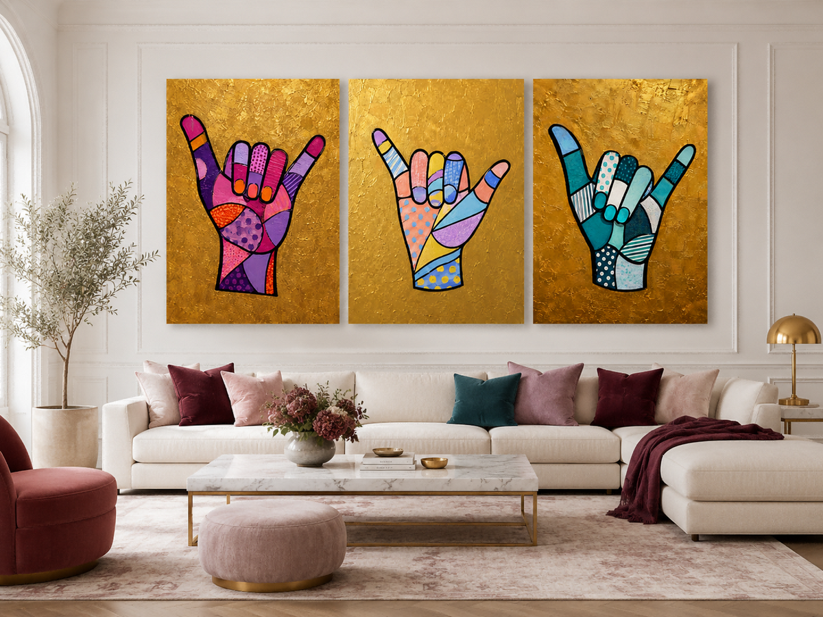 Colorful Geometric Pop Art Triptych With Textured Gold Leaf Finish