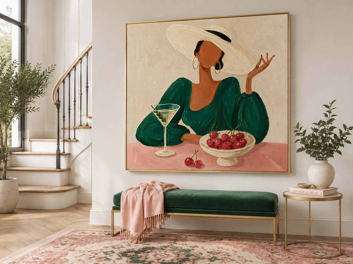 Stylish Female Figure Oil Painting With Martini Glass Ideal For Boutique Lounge And Bar Area Decoration