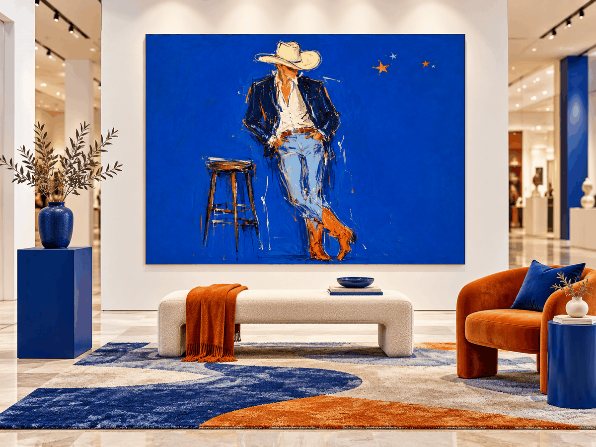 Cowboy In Blue Hand-Painted Canvas Art With Orange Boots For Modern Walls