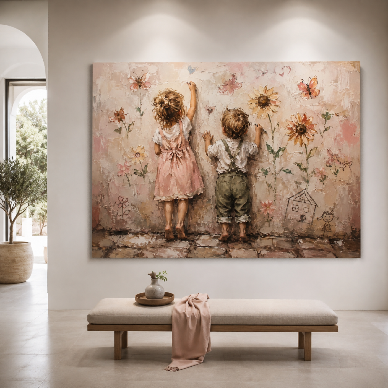 Original Oil Painting Of Two Kids Back View With Floral Wall Art