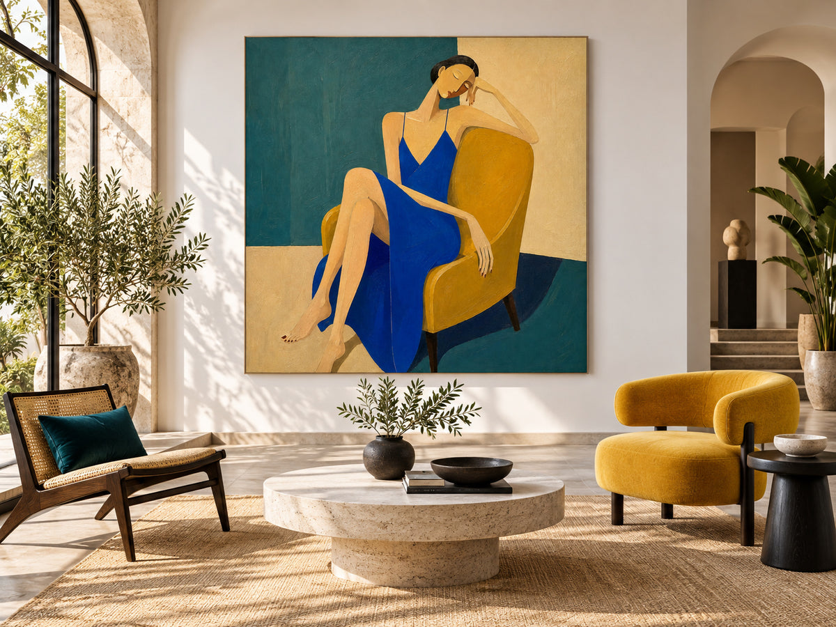 Minimalist Vintage Style Canvas Painting Textured Blue Beige Modern Portrait Art