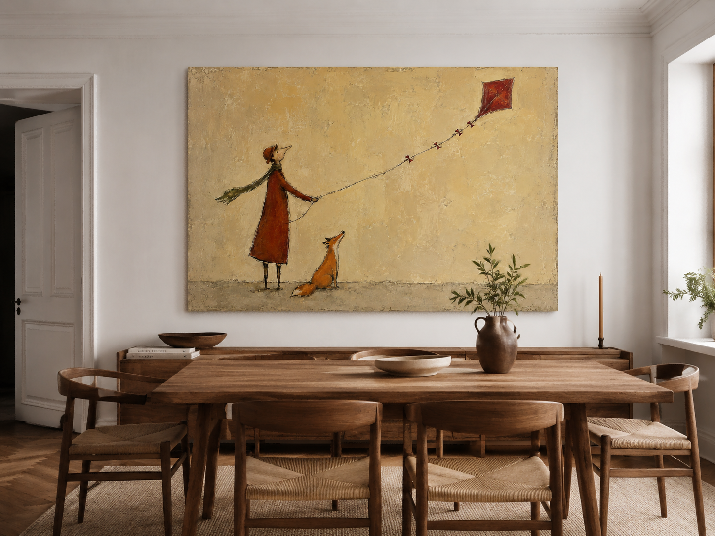 Hand-Painted Fox And Person With Red Kite Canvas Art For Home