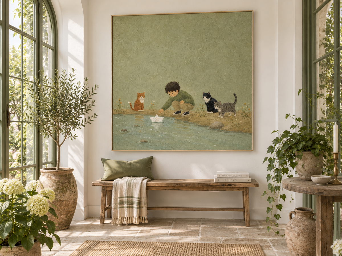Whimsical Nursery Wall Art With Boy And Cats For Kids Room Modern Abstract Storytelling Canvas Painting With Textured Green