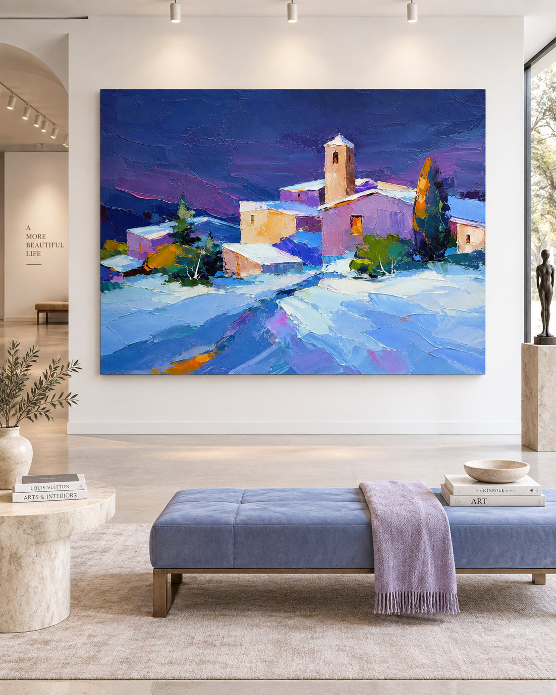 Hand-Painted Snowy Village Landscape Canvas Art With Violet Sky And Warm Lights