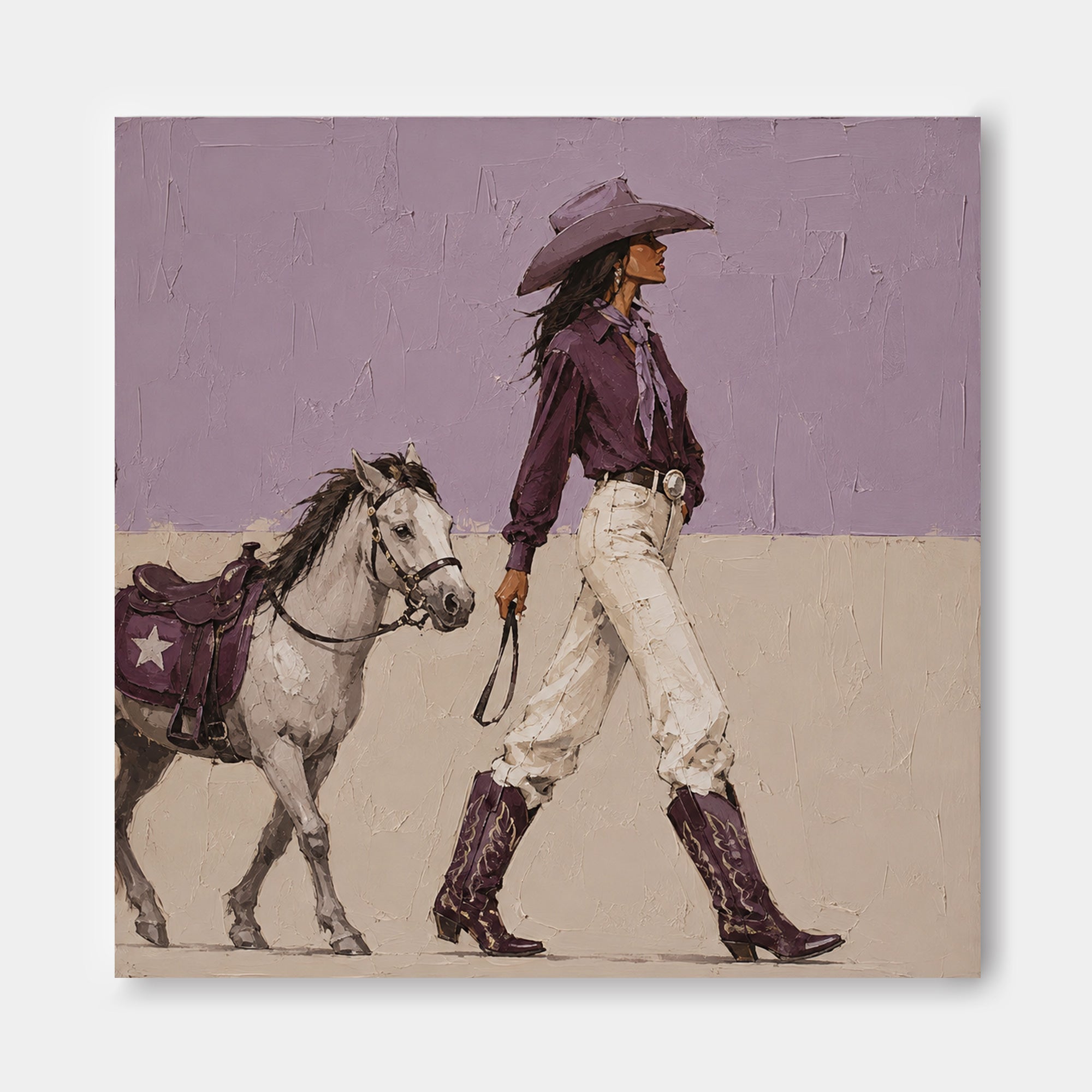 Modern Western Cowgirl Art With Horse Purple Beige Square Canvas For Living Room Decor