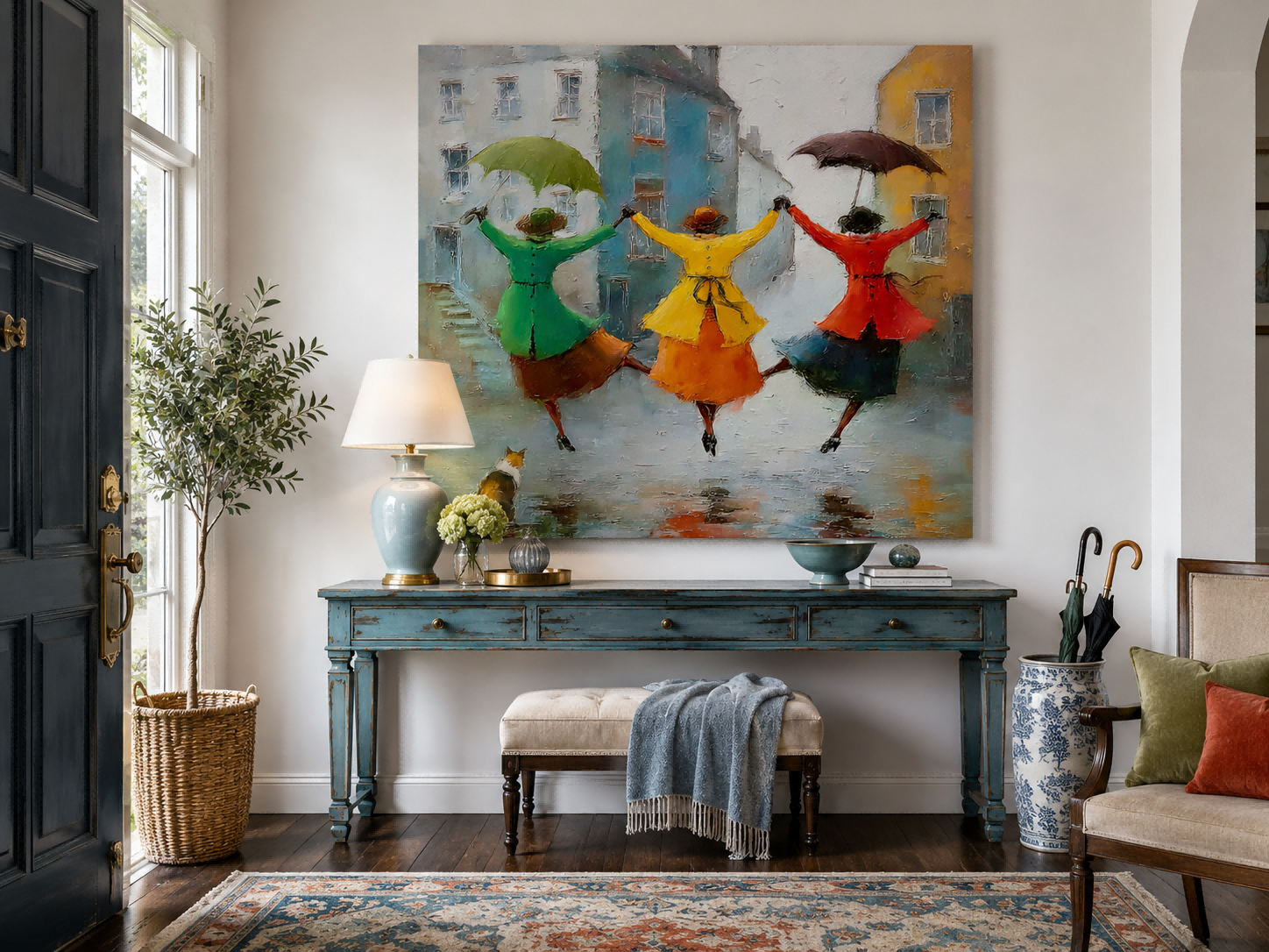 Joyful Friendship Canvas Art Depicting Women Dancing In Rainy City Street