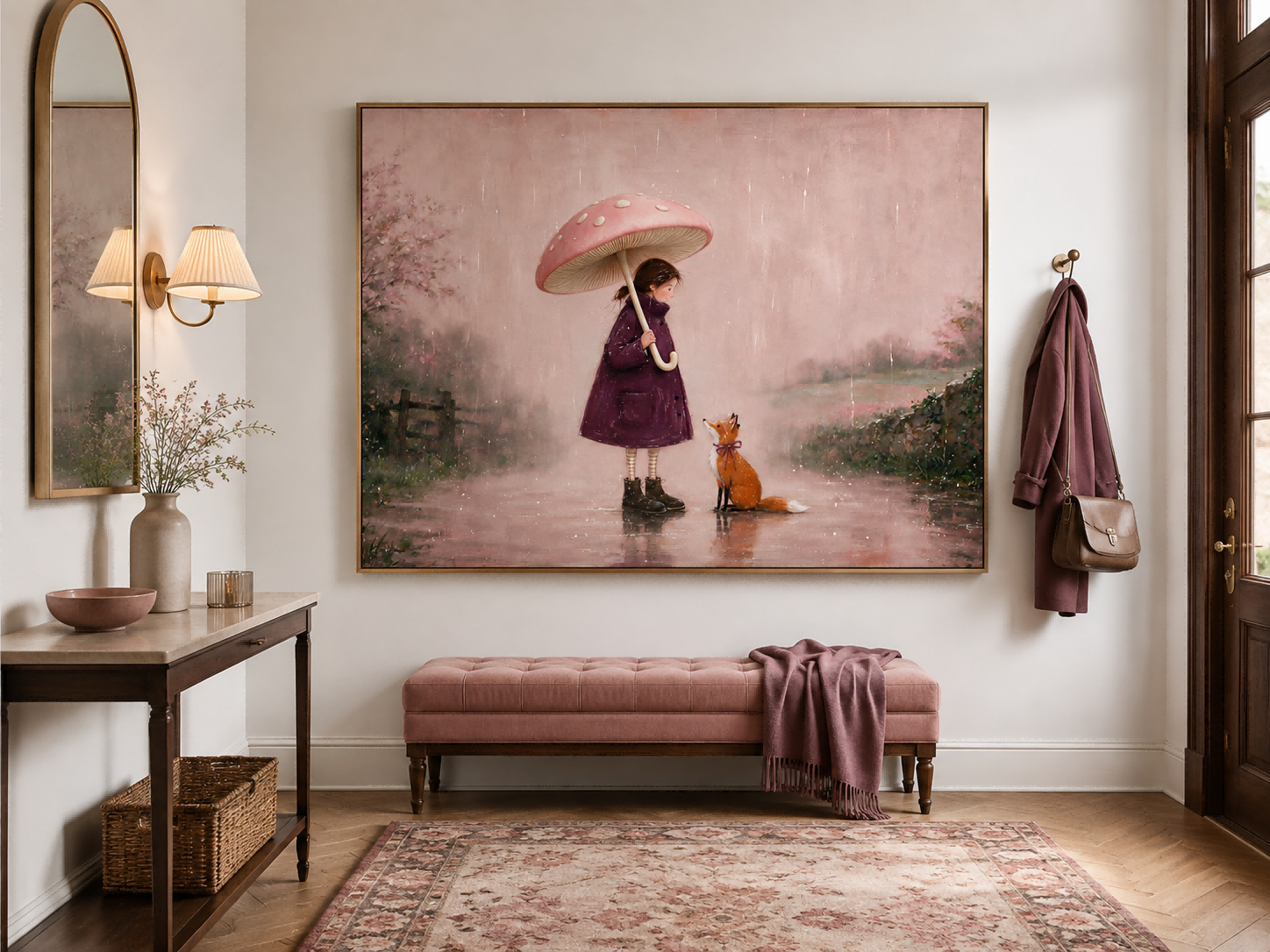 Vintage Girl With Fox Under Mushroom Umbrella In Rain Original Oil Painting