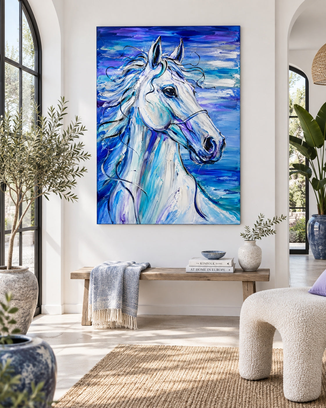 Expressive Impasto Horse Oil Painting With Dreamy Violet And Cobalt Hues