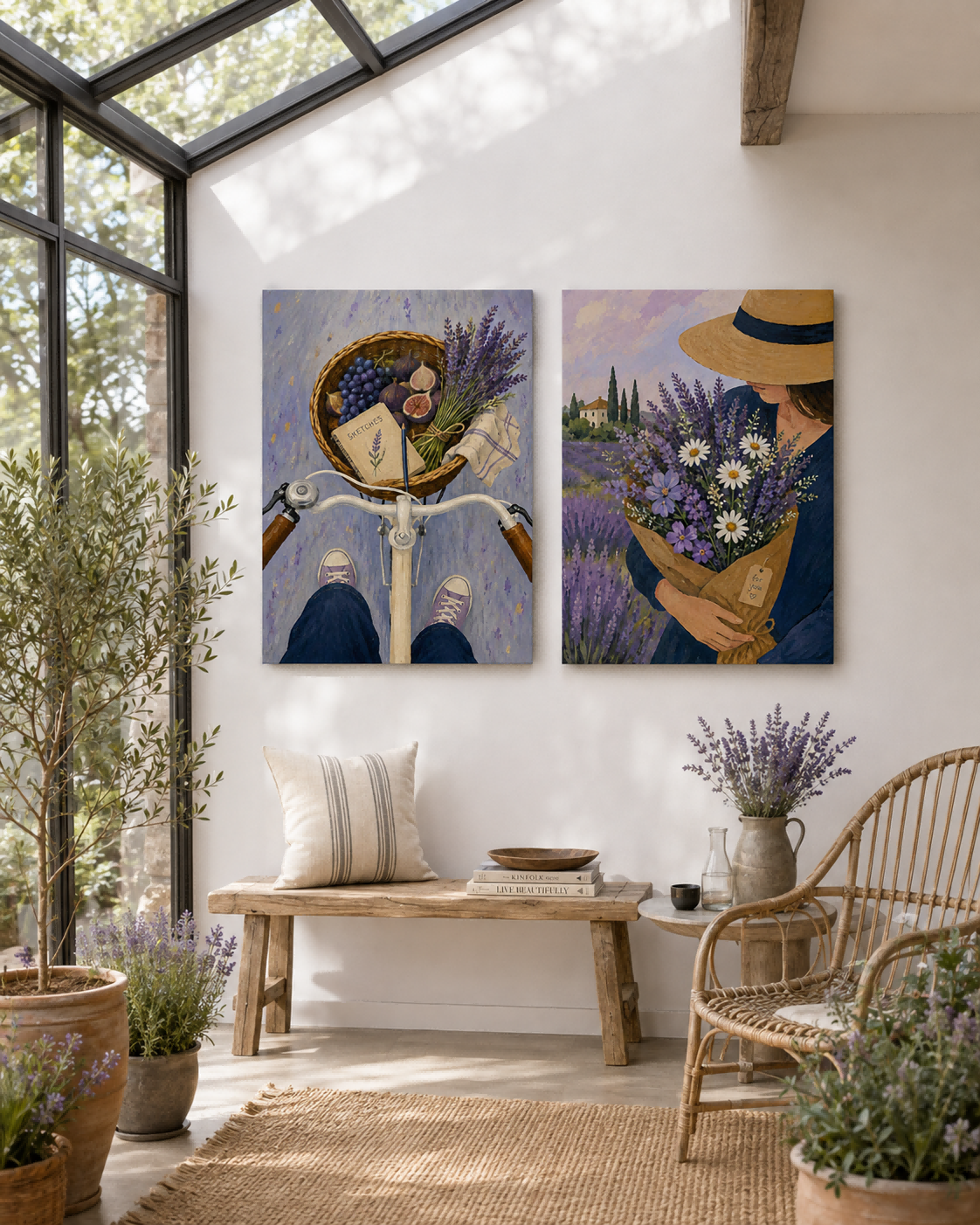 Lavender Field And Bicycle Hand-Painted Canvas Art Set With Figs