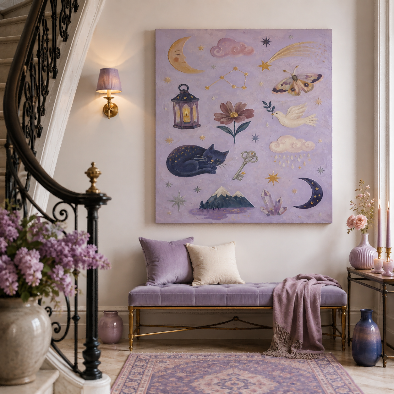 Magical Realism Bohemian Art With Cat And Moon For Bedroom Decor