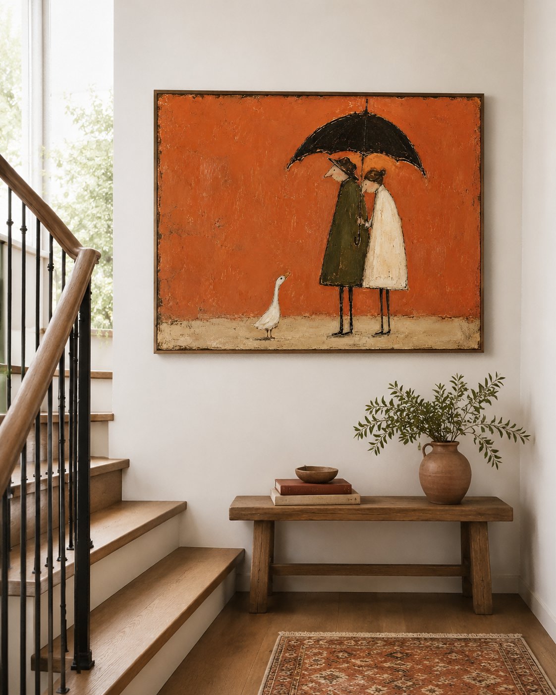 Couple With Umbrella And Goose Hand-Painted Canvas Art In Warm Rust Tones