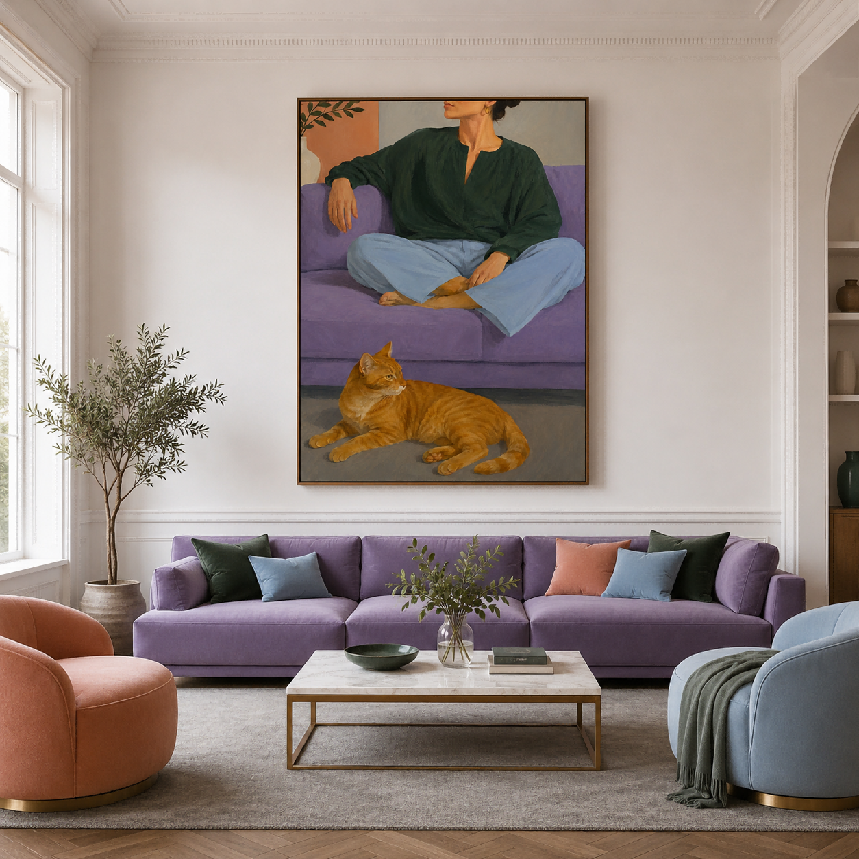 Woman And Cat On Purple Sofa Modern Figurative Oil Painting Hand-Painted Canvas Art