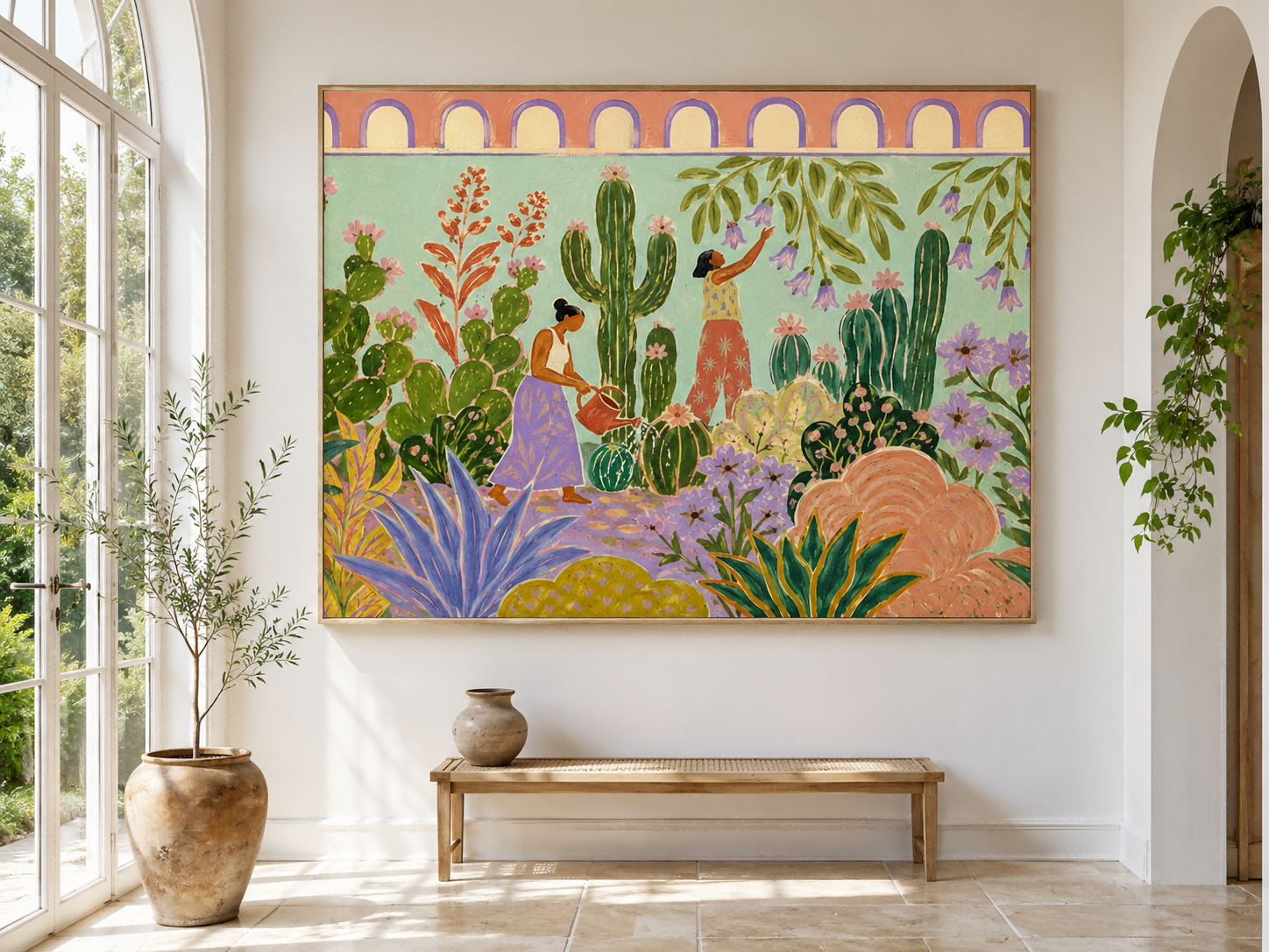 Fantasy Garden With Women Watering Cacti Hand-Painted Canvas Art Colorful Botanical Wall Art For Living Room And Sunroom Decor
