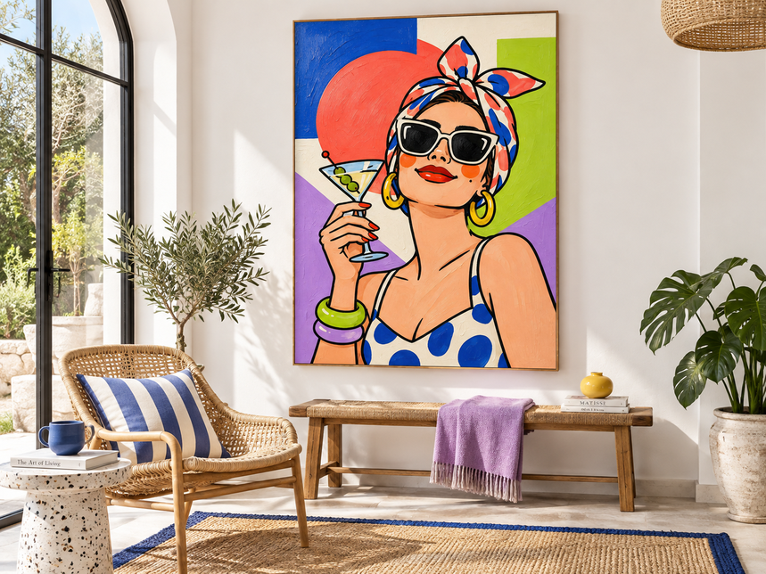 Pop Art Woman With Martini Glass Hand-Painted Canvas Wall Art