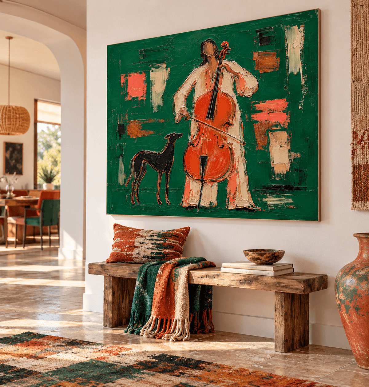 Textured Abstract Expressionist Art Elegant Musical Figure Painting In Emerald Tones