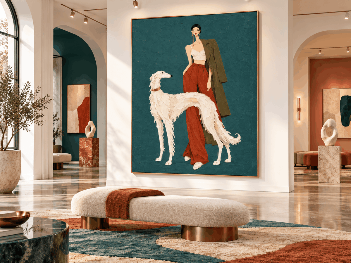 Fashion Woman And White Borzoi Dog Hand-Painted Canvas Art In Rust Red And Teal