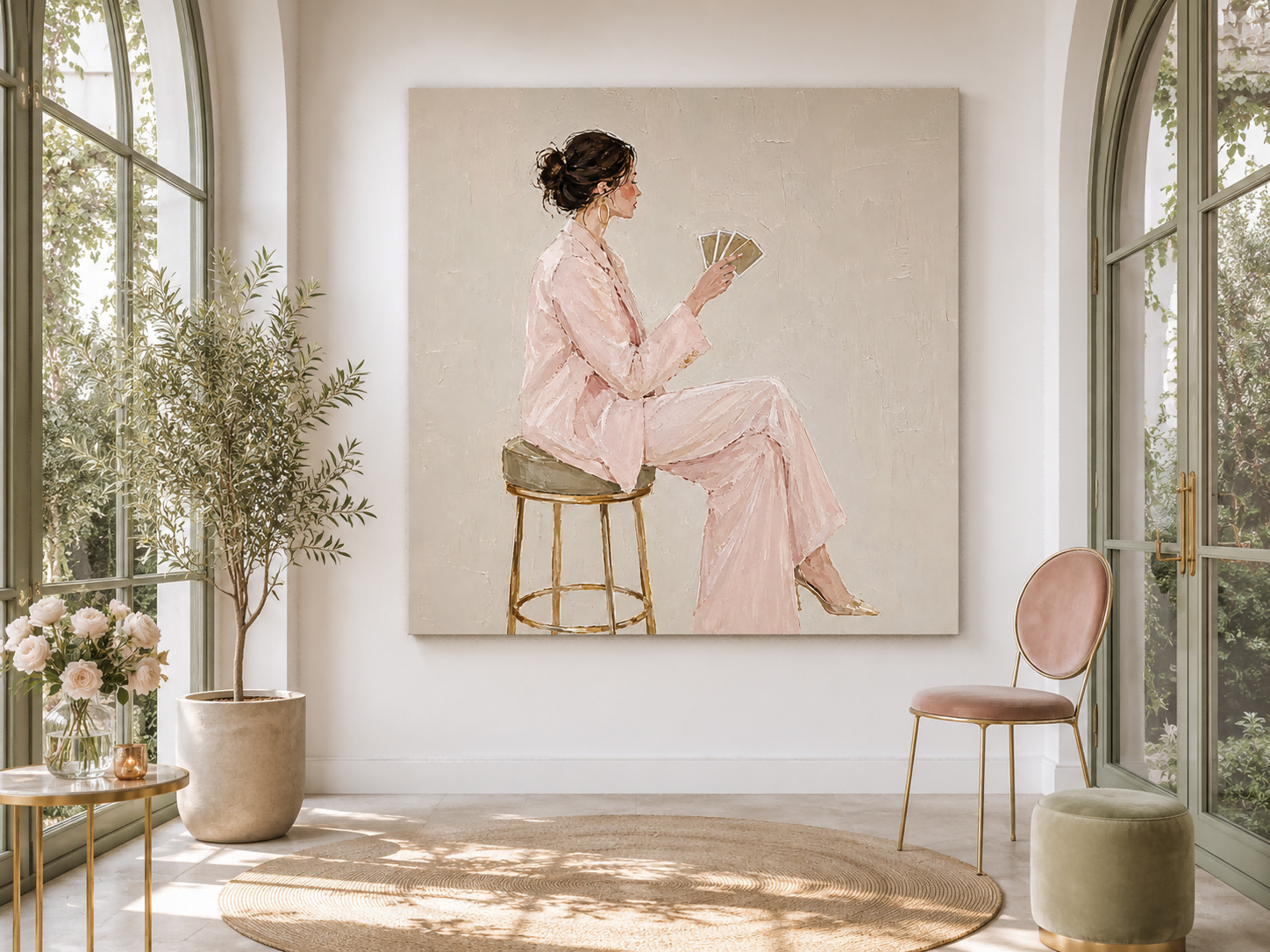 Chic Feminine Portrait Oil Painting Gold Stool Minimalist Art For Lounge Areas