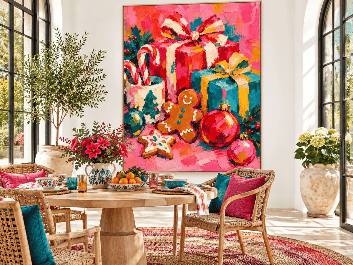 Abstract Vintage Holiday Painting With High Saturation Magenta And Teal Tones