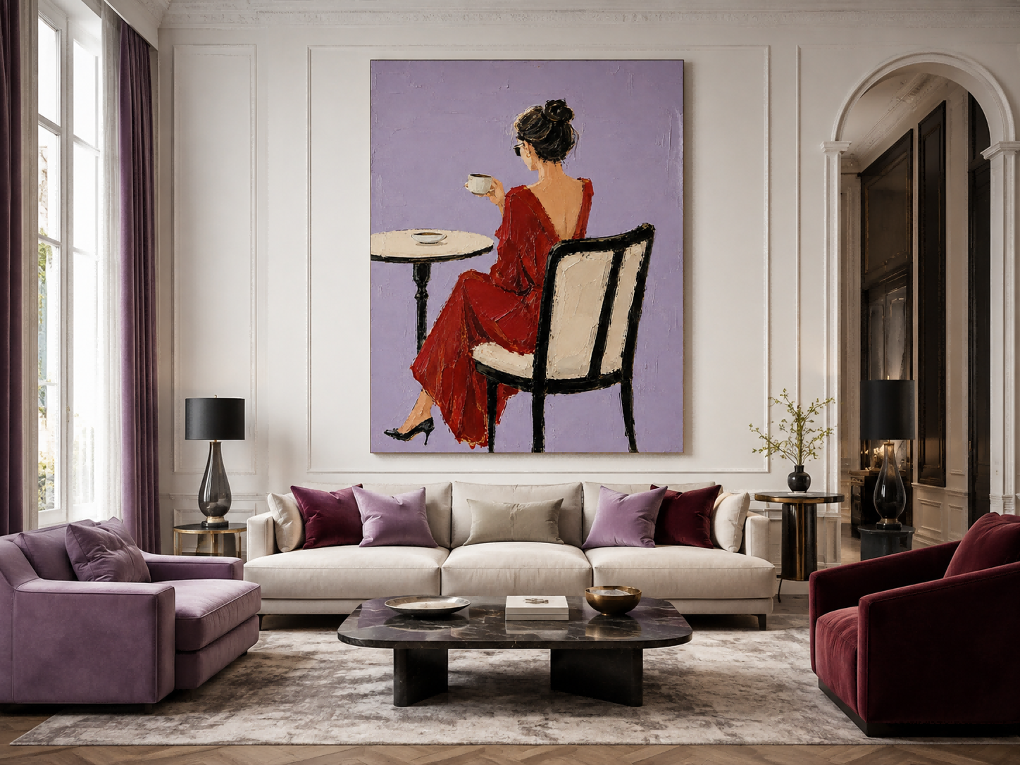 Elegant Red Dress Woman Painting Minimalist Purple Background Impasto Oil Art For Living Room Decor