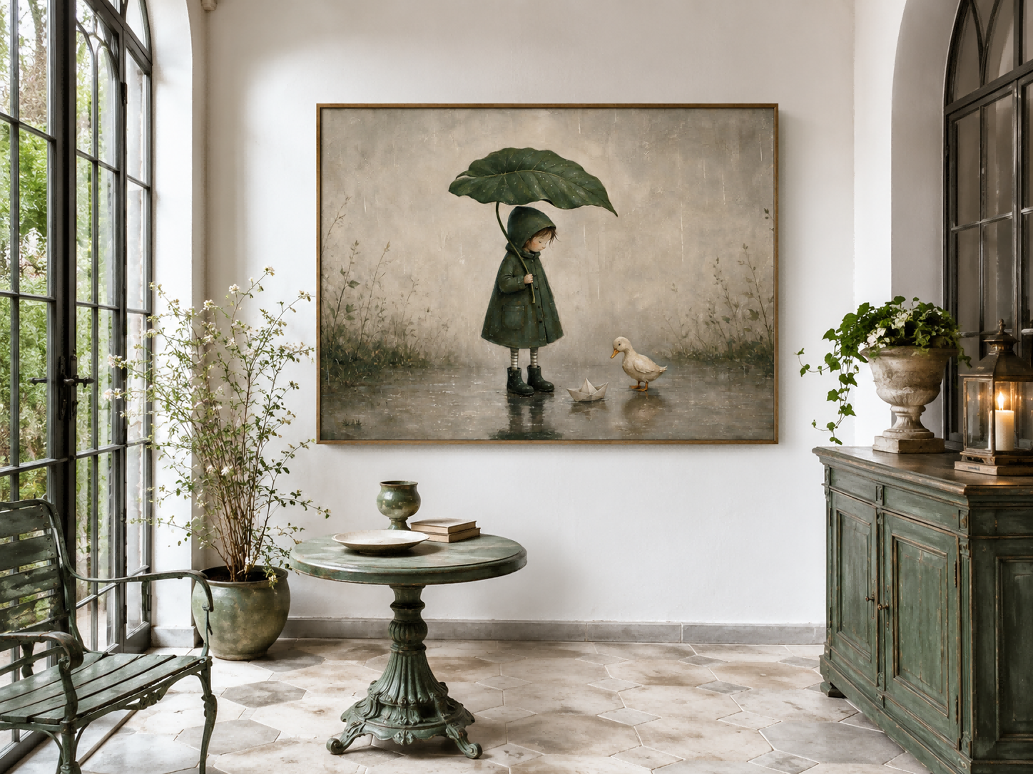 Vintage Style Rain Scene Painting With Paper Boat And Duckling For Wall Decor