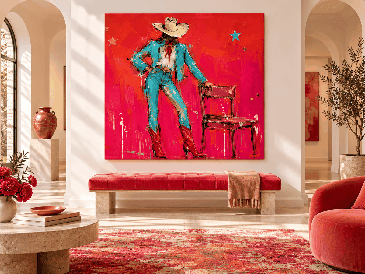 Cool Cowgirl With Red Boots Hand-Painted Canvas Art In Vibrant Red And Blue