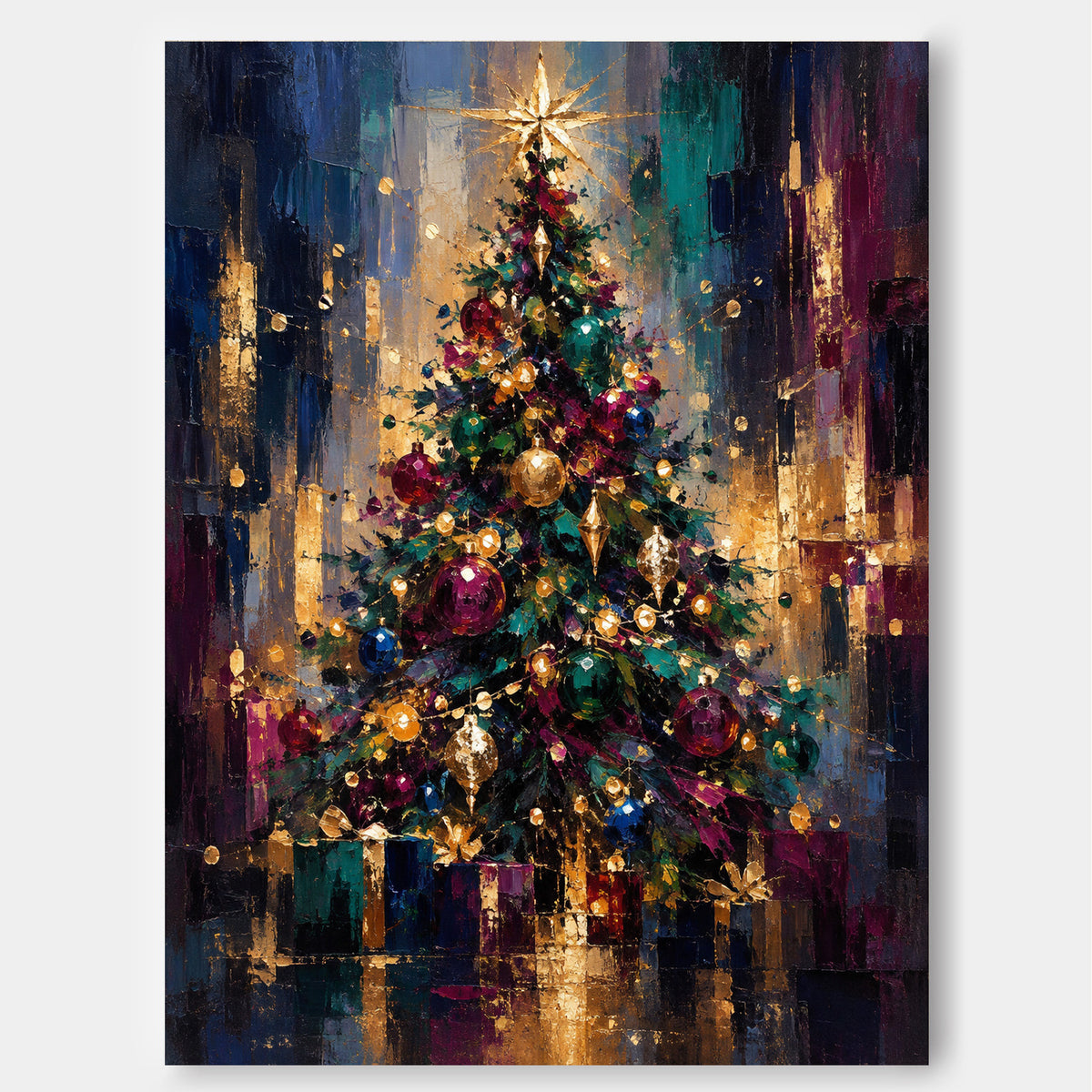 Abstract Christmas Tree Canvas Painting With Gold Star And Ornaments