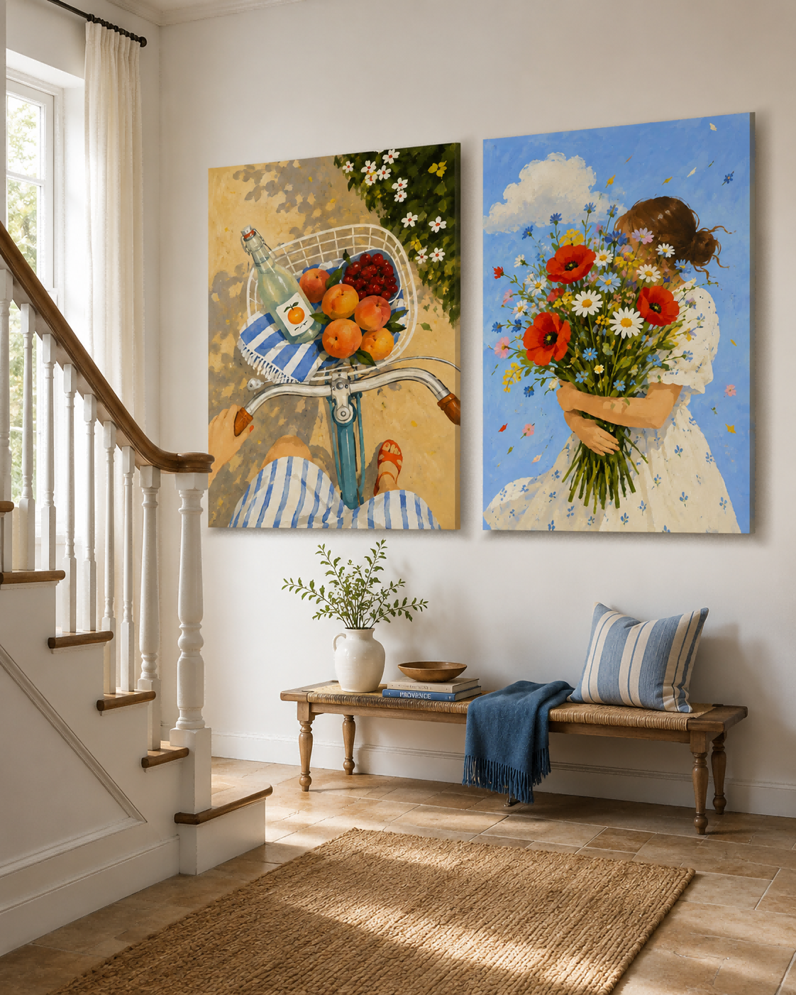 Hand-Painted Summer Flowers And Fruit Bicycle Canvas Art Diptych