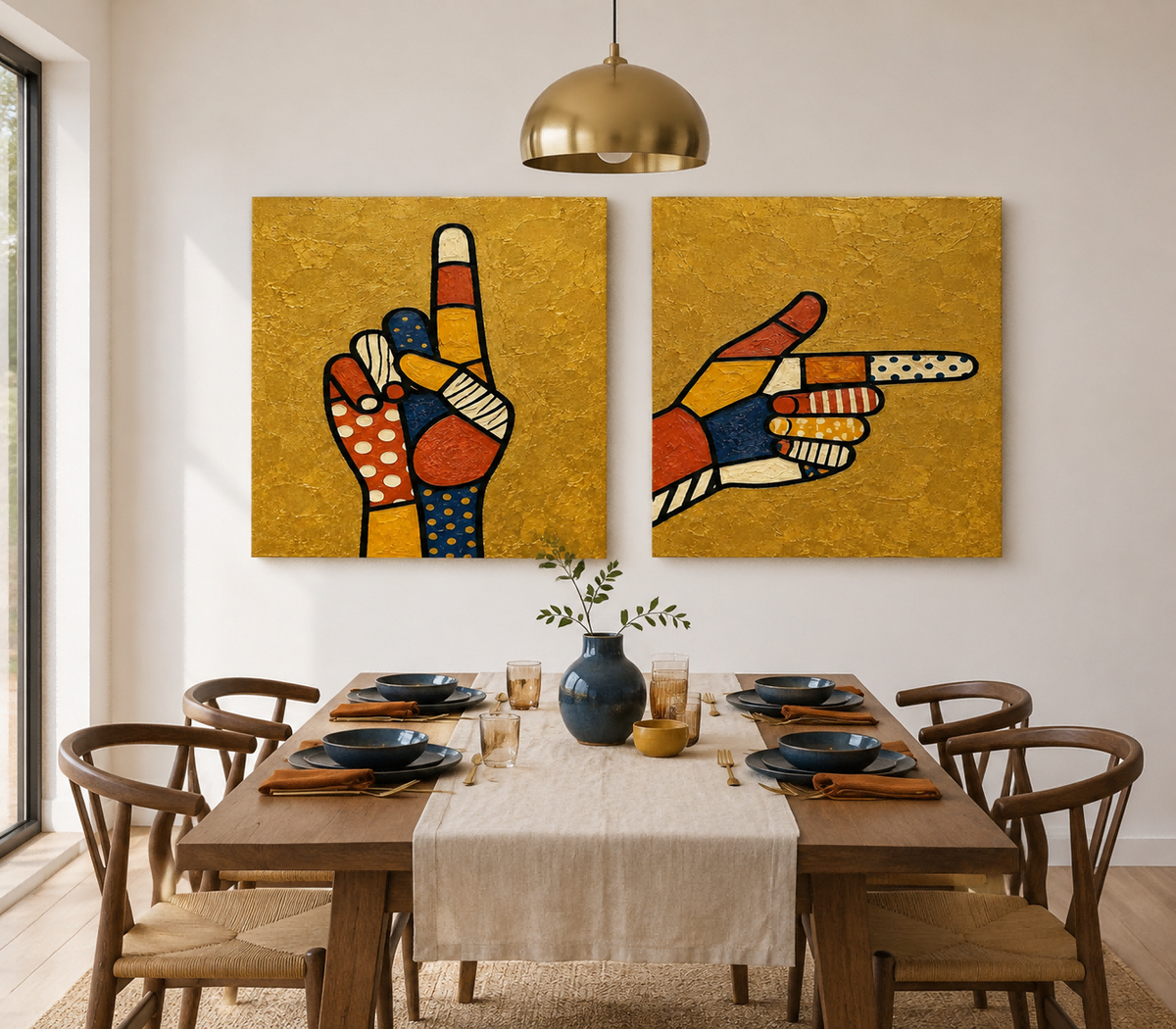 Hand-Painted Pop Art Hands Canvas Painting With Gold Background And Patterns