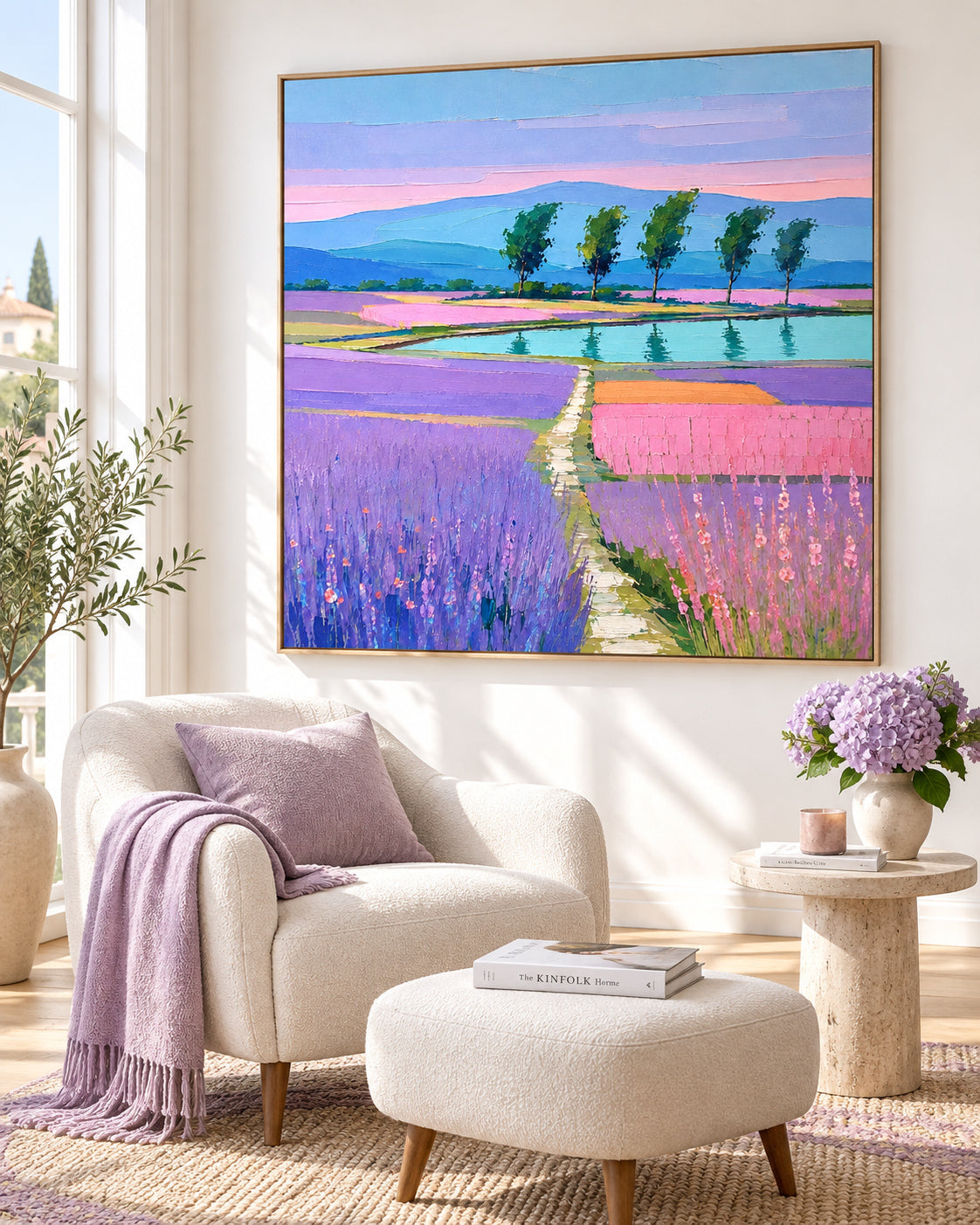 Hand-Painted Lavender Landscape Canvas Art With Lake And Trees In Purple Pink Tones